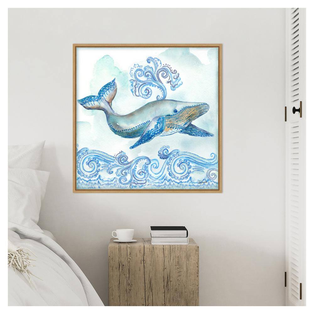 Boho Shells II Whale Blue Canvas Print with Maple Frame