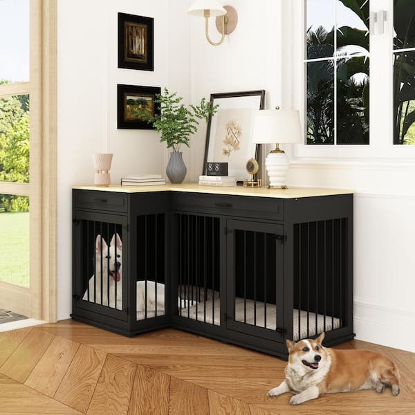 FUFU&GAGA Large Dog Crate Furniture for 2 Dogs, Black Wooden Dog Kennel Corner Dog Crate with Drawers Perfect for Limited Room