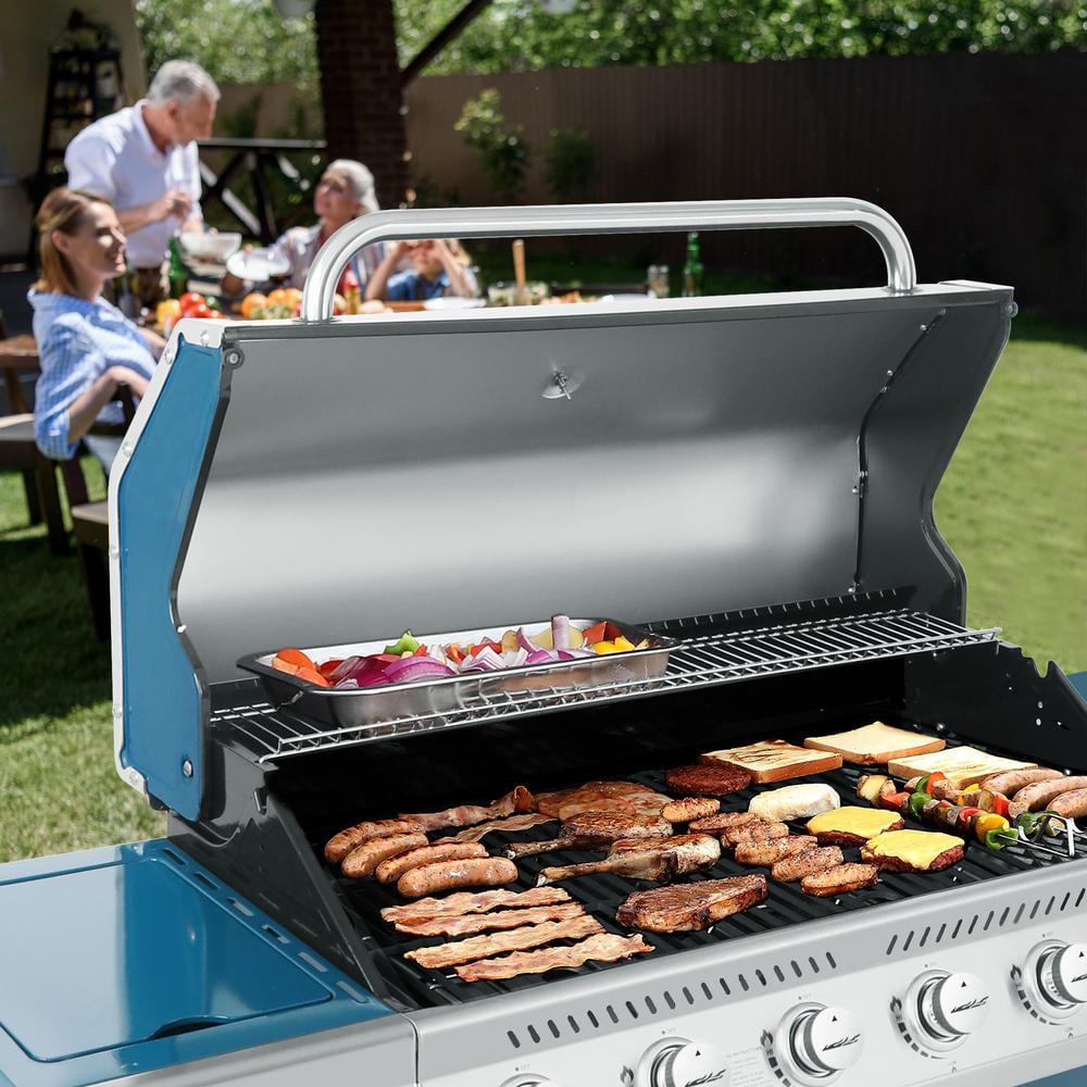 Blue 6-Burner Propane Gas Grill with Side Burner