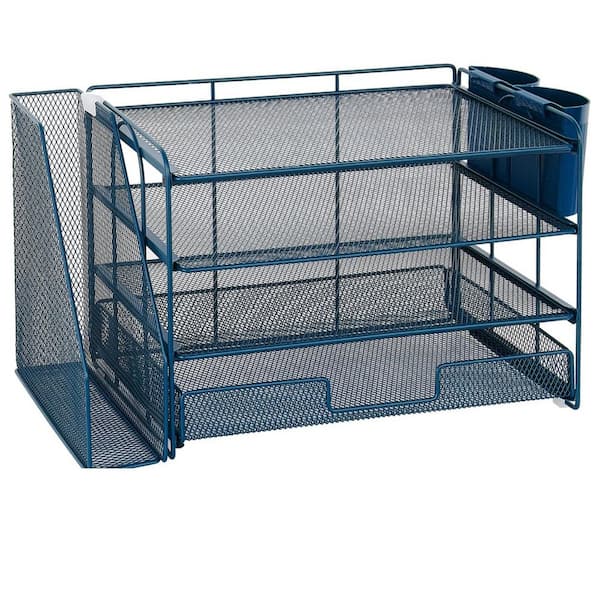 Dark Blue 15.5 in. x 9.3 in. Metal 4-Tier Desk Organizer with Drawer and 2 Pen Holders