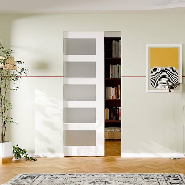 36 in.x 80 in. 5 Lite Frosted Glass, Solid Core, DIY Painted, White Primed, MDF Composite Sliding Door with All Hardware