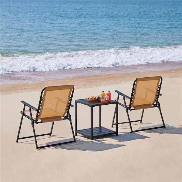Set of 2 Outdoor Texteline Folding Dining Chairs with Backrest/ Armrests, All Weather Chairs for Garden, Beige