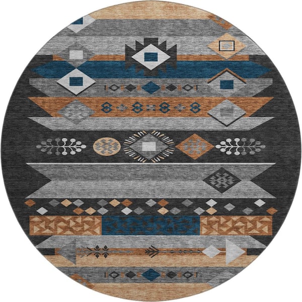 Mayfield Premium Machine Washable Abstract AMF2499 Black 8 ft. x 8 ft. Round Rug