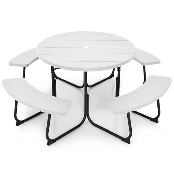 Boyel Living 75 in. W White Round Composite Outdoor Picnic Table Bench Set for 8-Person with Umbrella Hole