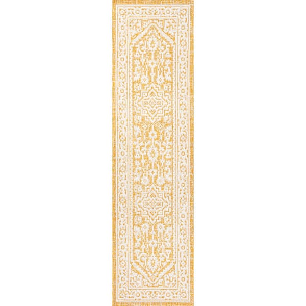 Sinjuri Yellow/Cream 2 ft. x 10 ft. Medallion Textured Weave Indoor/Outdoor Area Rug