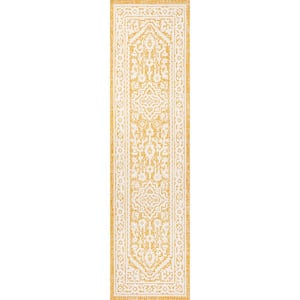 Sinjuri Yellow/Cream 2 ft. x 8 ft. Medallion Textured Weave Indoor/Outdoor Area Rug