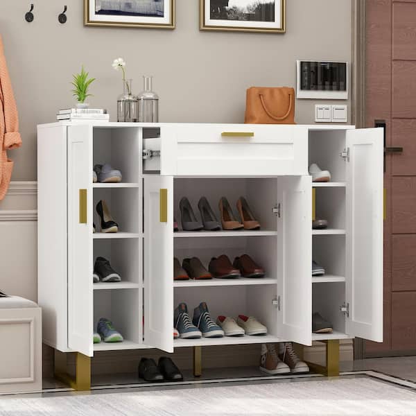 FUFU&GAGA 23.6 in. W x 70.9 in. H 24-Pair White Wood 2-Door Shoe Storage Cabinet with Wheels