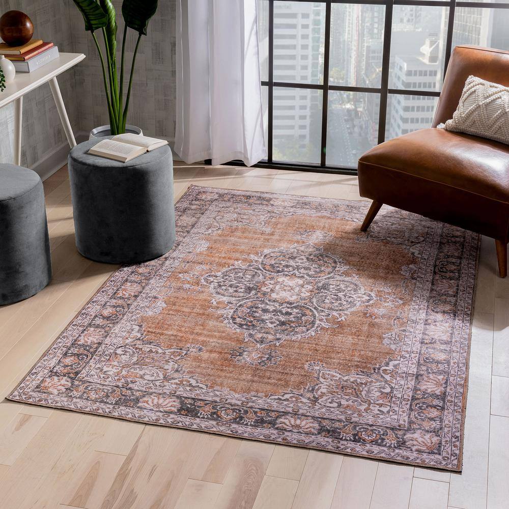 Rust and Gray Medallion 5' x 7' Washable Area Rug