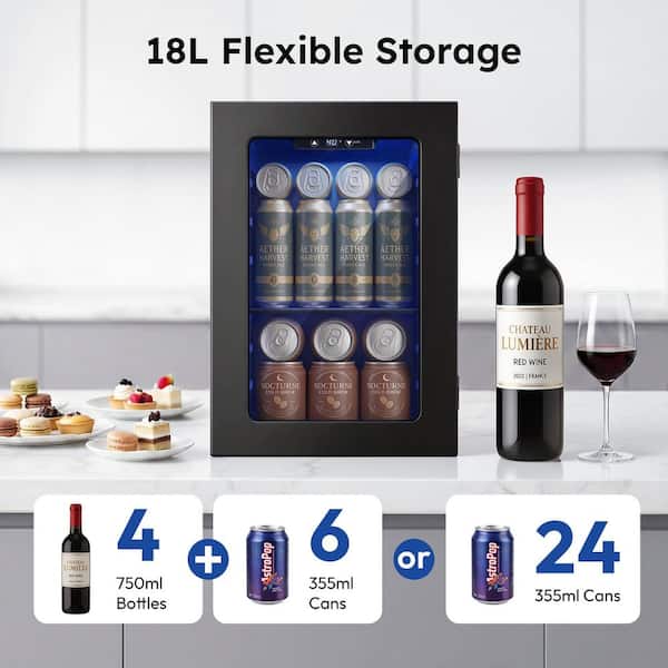 11 in. Single Zone 6-Wine Bottles and 24-Cans Beverage and Wine Cooler in Black with Rapid Cooling