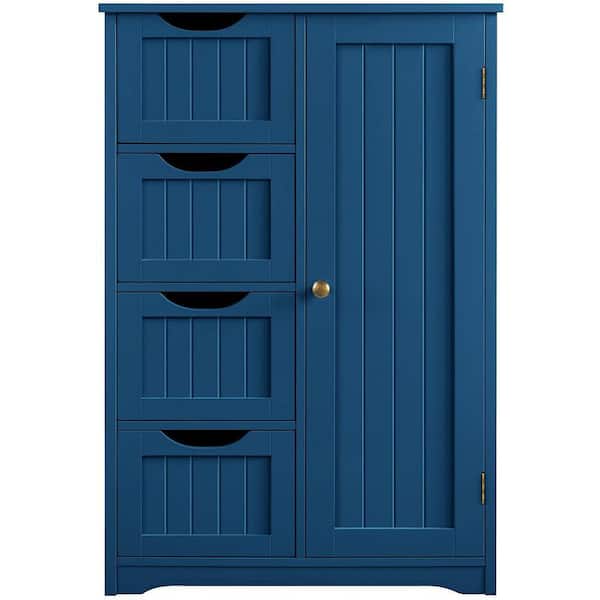 Cubilan 22 in. W x 12 in. D x 32.5 in. H Navy Blue Bathroom Linen Cabinet Floor Storage Cabinet with 1 Cupboard and 4 Drawers