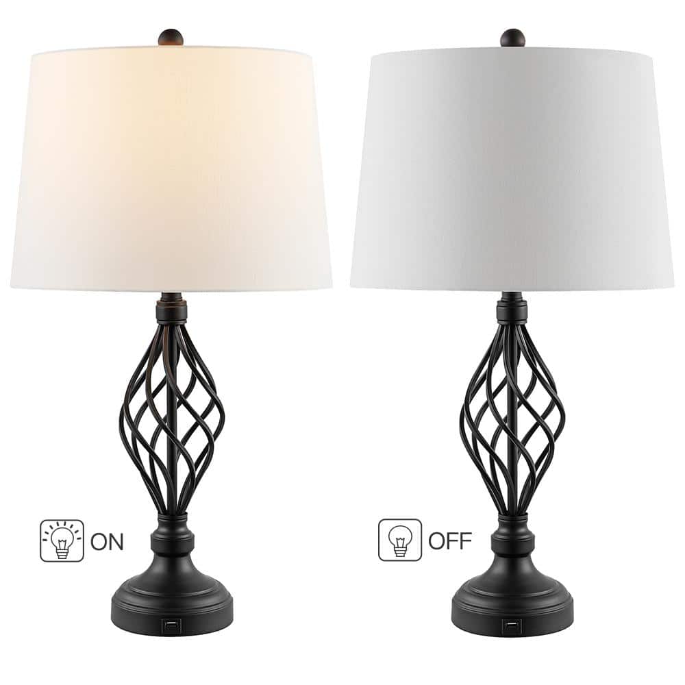 28 in. Bronze Table Lamps Set with White Linen Shade and USB Ports