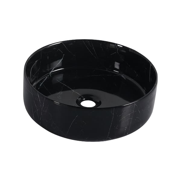 15.7 in. Black Background With White Patterns Ceramic Round Vessel Bathroom Sink