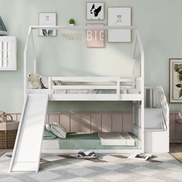Qualler White Twin over Twin House Bunk Bed with Convertible Slide and Staircase