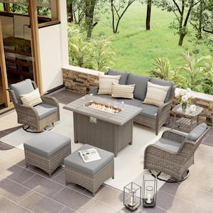 OC Orange Casual 7-Piece Grey Wicker Outdoor Conversation Set with Fire Pit Table, Swivel Patio Chair, Grey Cushions