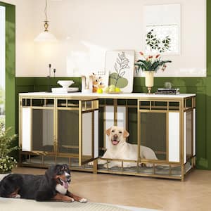 Large Dog Crate Furniture, Indoor Pet Crate End Table, Mesh and Wooden Dog Kennels for 2 Medium or Large Dogs,White Gold