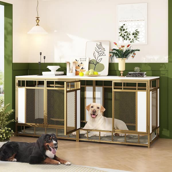 FUFU&GAGA Large Dog Crate Furniture, Indoor Pet Crate End Table, Mesh and Wooden Dog Kennels for 2 Medium or Large Dogs,White Gold