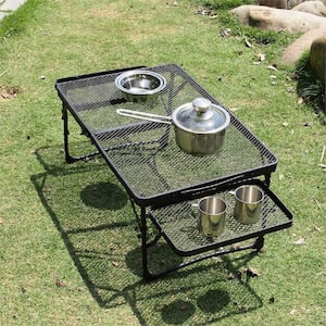 35 in. Black Aluminum Alloy Collapsible Camping Picnic BBQ Table with 2 Side Trays