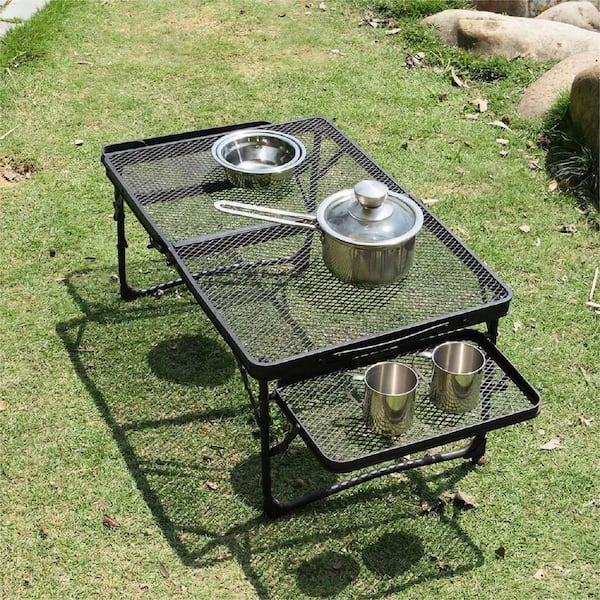 ATENGNES 35 in. Black Aluminum Alloy Collapsible Camping Picnic BBQ Table with 2 Side Trays