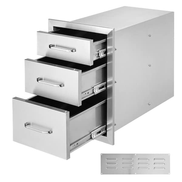 SKYSHALO Outdoor Kitchen Drawers 14 in. W x 20.3 in. H x 23 in. D Flush Mount Triple BBQ Drawers Stainless Steel with Handle