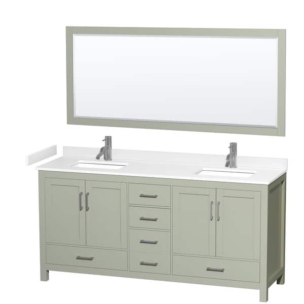 Wyndham Collection 72 in. W x 22 in. D x 35 in. H Double Bath Vanity in Light Green with White Cultured Marble Top and 70 in. Mirror