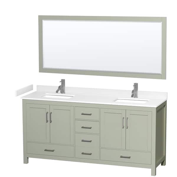 Wyndham Collection Sheffield 72 in. W x 22 in. D x 35 in. H Double Bath Vanity in Light Green w/White Cultured Marble Top and 70 in. Mirror