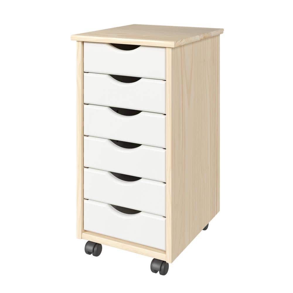 Natural and White Solid Wood 6-Drawer Rolling Storage Cart