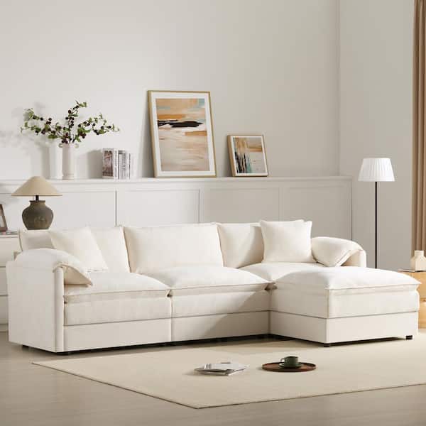 103.5 in. Double Cushions Chenille Modular U Shaped 4-Seat Sectional Sofa Beige Deep and Wide Seat, Movable Ottomans