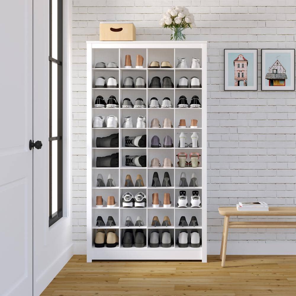 White Tall Wooden Shoe Storage Cabinet with 40 Cubbies