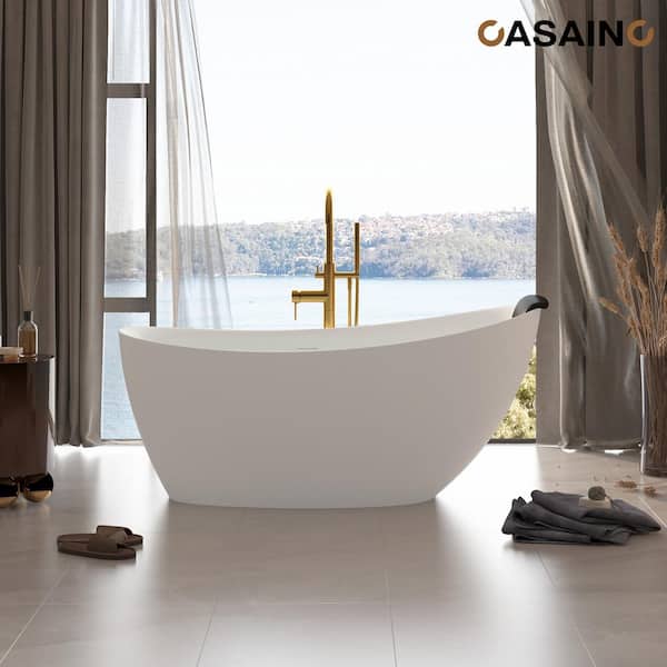 CASAINC 67 in. x 34 in. Solid Surface Stone Free Standing Tub Soaking Bathtub in Matte White with Black Bathtub Pillow