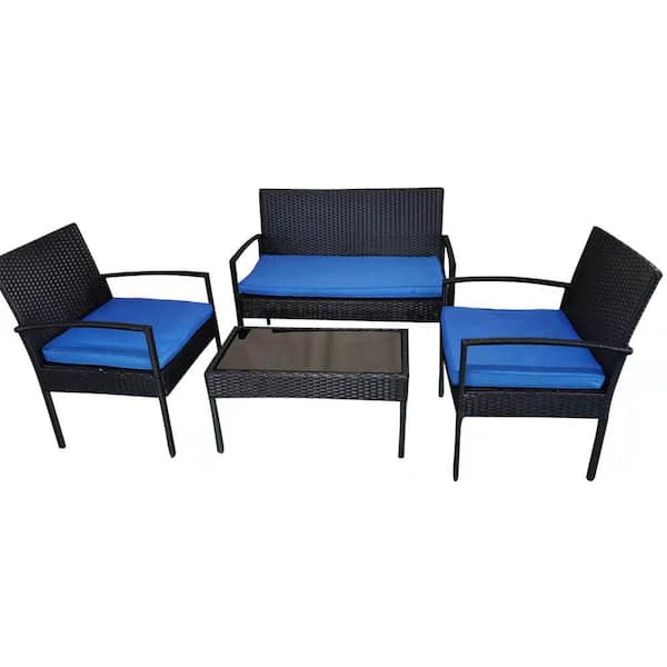 Sireck 4-Piece Black Wicker Outdoor Dining Sets Standard Height Chairs with Blue Cushions