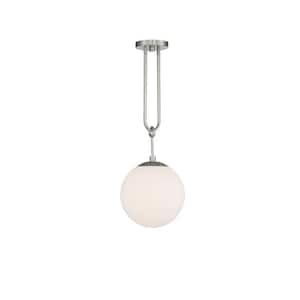 Becker 10 in. W x 27.5 in. H 1-Light Satin Nickel Shaded Pendant Light with Frosted Glass Shade
