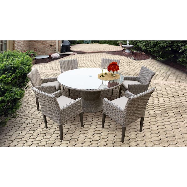 TK CLASSICS Oasis 7-Piece Outdoor Wicker Patio Dining Set with Ash Cushions