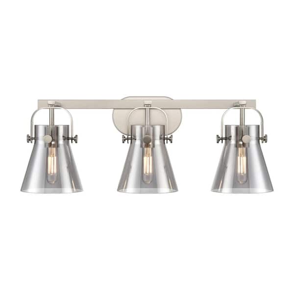 Innovations Pilaster II Cone 26.5 in. 3-Light Satin Nickel Vanity Light with Glass Shade
