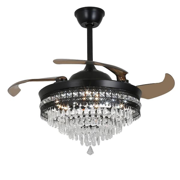 42 in. Indoor Black Modern Retractable and Reversible 6-Speed Crystal Ceiling Fan with 3-Color Integrated LED and Remote