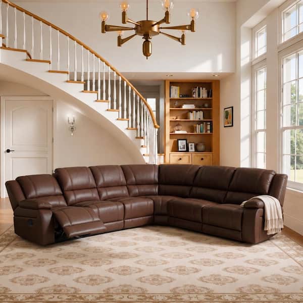 Manual Recliner Sectional Sofa, 119 in. 6-Piece Living Room Set, Faux Leather, Modular Design, Reddish Brown