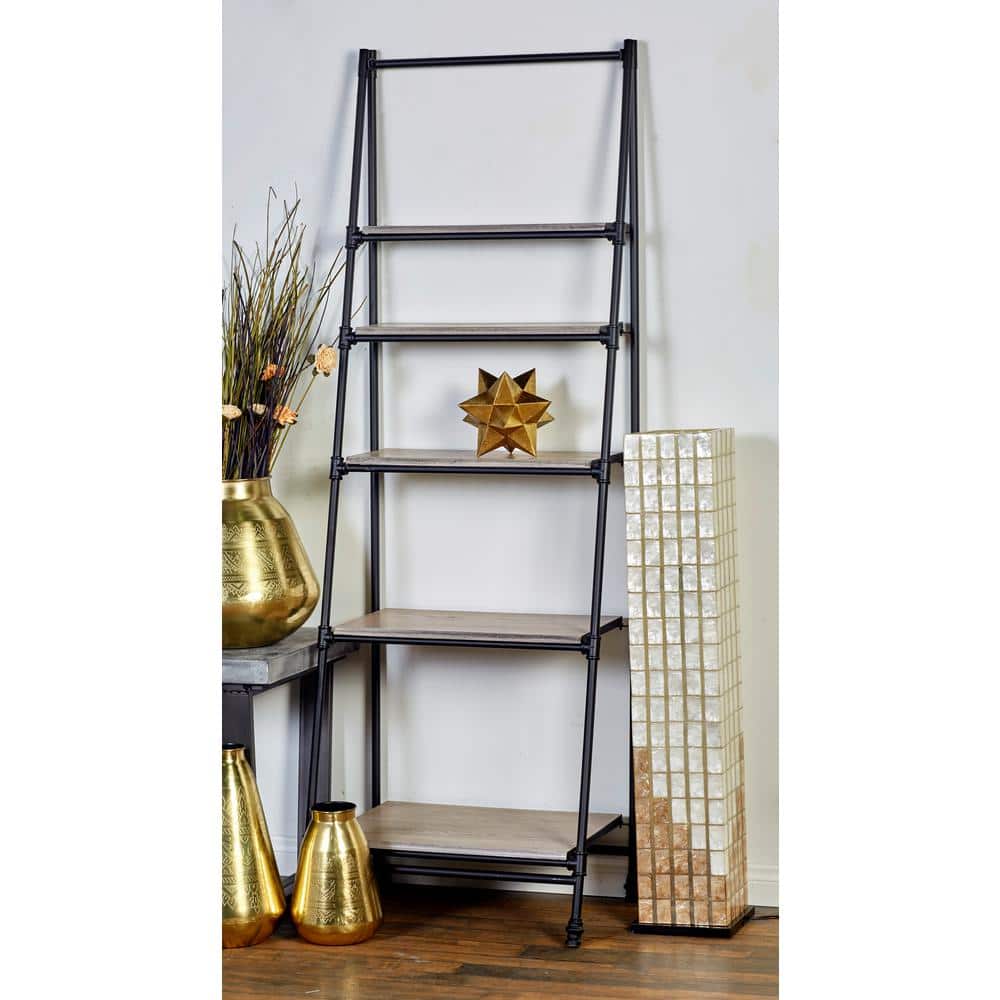72" Black Metal and Pine Wood 5-Tier Ladder Shelf