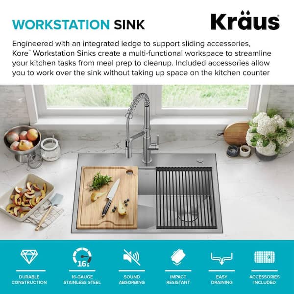 KRAUS Kore Workstation Drop-In Stainless Steel 30 in. Single Bowl Kitchen  Bar Sink with Accessories KWT310-30 - The Home Depot