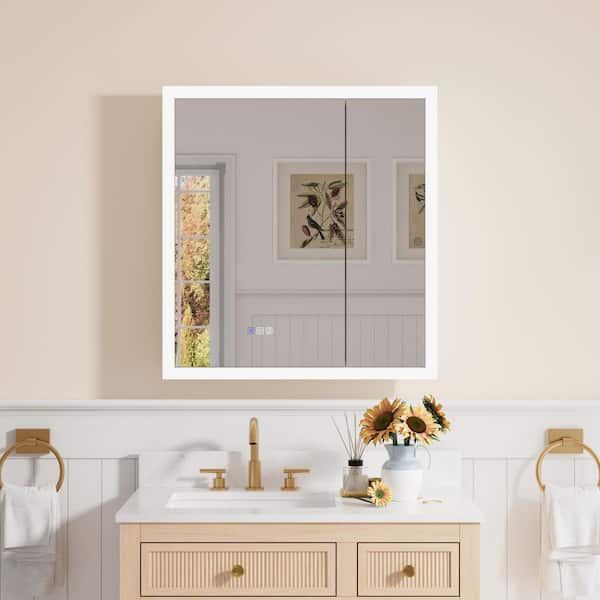 ANGELES HOME 30 in. W x 32 in. H Rectangular Aluminum Medicine Cabinet with Mirror, Anti-Fog, 3-Color, 3 x Magnifier, Soft Close Door