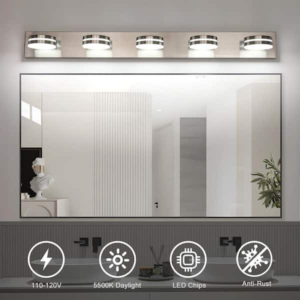 41 in. 5-Light Nickel LED Vanity Light with Dimmable 5500K Light and 270° Swivel Range Acrylic Shade