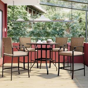 Black 5-Piece Brown Rattan Wicker Square Counter Height Outdoor Dining Table Set with Dining Chairs, Beige Cushion