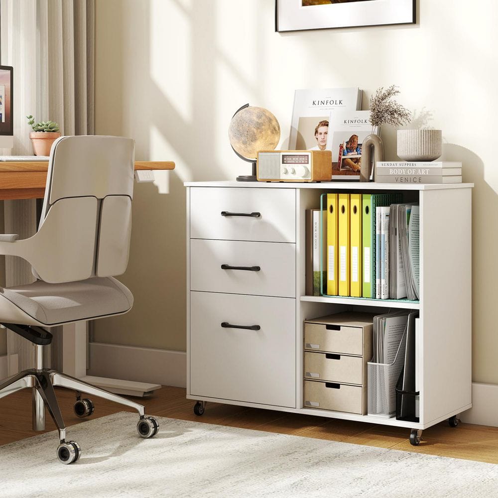 White 26.0 in. H 3-Drawer Mobile File Cabinet with Multi-Drawer and 1-Shelf and Adjustable Design