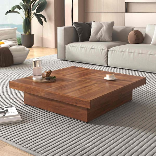 39.4 in. Walnut Square MDF Coffee Table with 2 Drawers