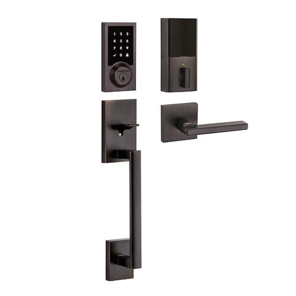 Kwikset SmartCode 915 Contemporary Venetian Bronze Electronic Deadbolt with San Clemente Handle Set and Halifax Interior Lever