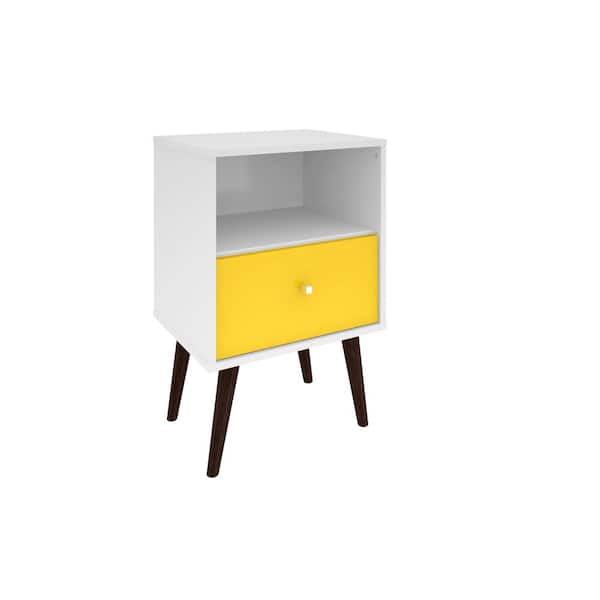 Manhattan Comfort Liberty Mid Century White and Yellow Modern Nightstand 1.0 with 1-Cubby Space and 1-Drawer with Solid Wood Legs