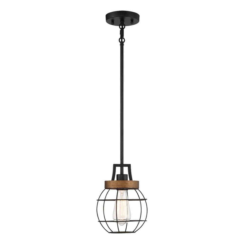 1-Light Matte Black with Faux Wood Pendant