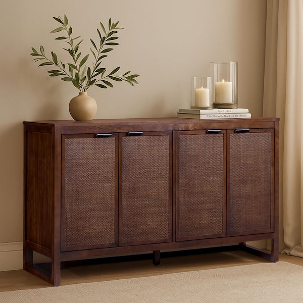 Hatteras Walnut 55 in. W x 18 in. D Wood Buffet Sideboard with 4 Doors and Adjustable Shelves, Anti-tip Kit included