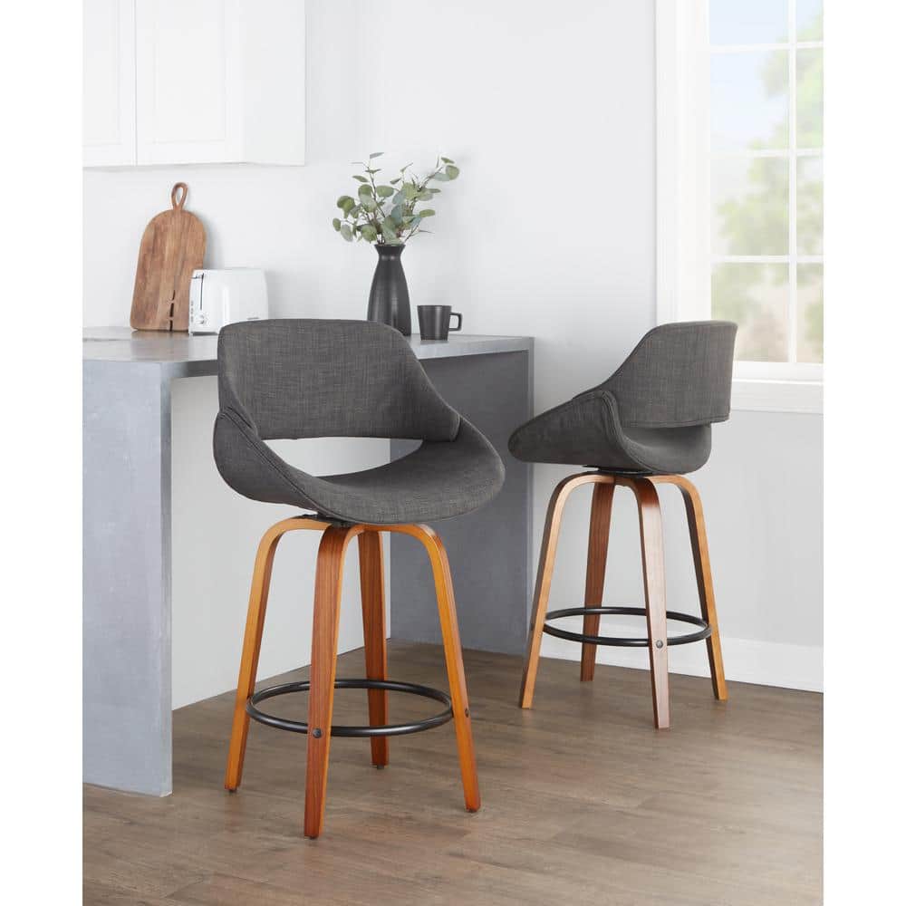 Charcoal Upholstered Walnut Wood Swivel Counter Stools with Black Metal Footrest, Set of 2
