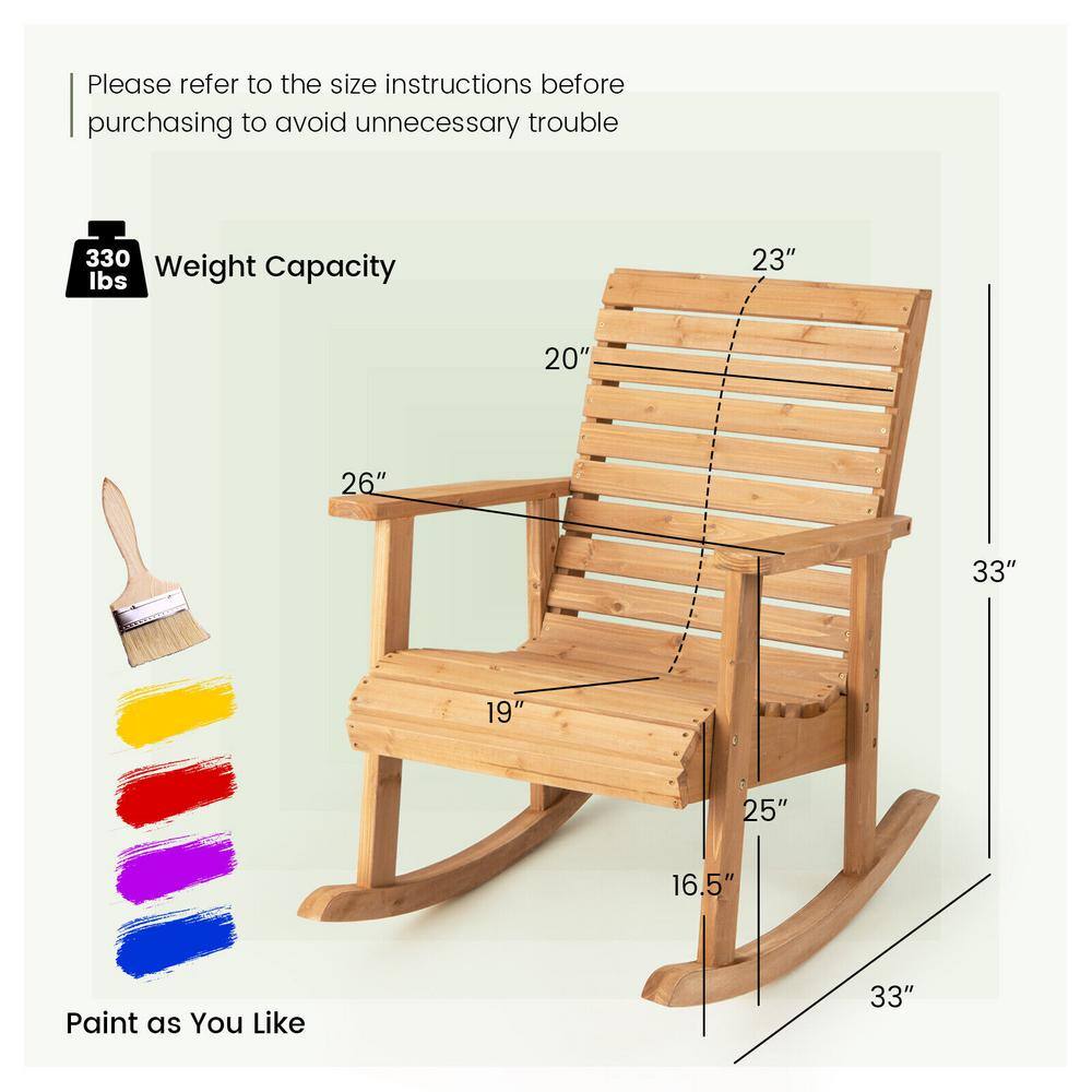 Natural Fir Wood High Back Outdoor Rocking Chair with Armrests