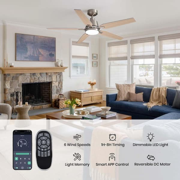 52 in. Smart Indoor Brushed Nickel Low Profile Ceiling Fan with 3-Color Dimmable LED Light and Remote APP Control