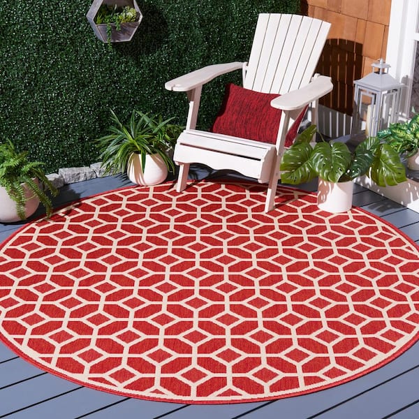 Beach House Red/Creme 7 ft. x 7 ft. Round Latticework Geometric Indoor/Outdoor Area Rug